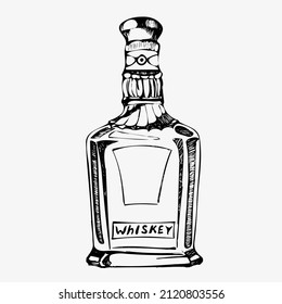 Classic Whiskey Bottle Sombrero On Top . Design Beautiful Stylish Glass Bottle With Blank Label For National Mexico Alcohol Drink. Package With Traditional Hat Cap Mockup Cartoon Illustration.
