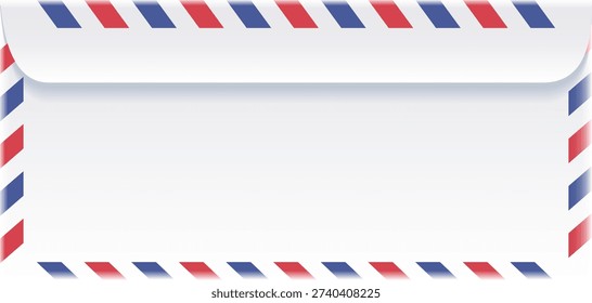 Classic white airmail envelope or letter with red and blue diagonal striped border isolated on transparent background