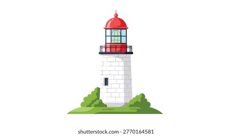 Classic white brick lighthouse with a red top and lantern room standing on a green grassy hill against a white background.