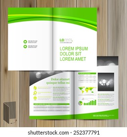 Classic white brochure template design with green wave. Cover layout