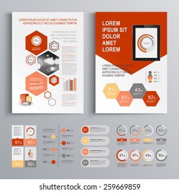 Classic white brochure template design with red and gray shapes. Cover layout and infographics