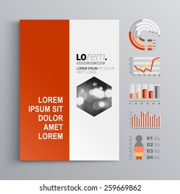 Classic white brochure template design with red and gray shapes. Cover layout and infographics