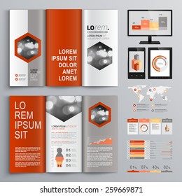 Classic white brochure template design with red and gray shapes. Cover layout and infographics