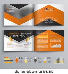 Classic white brochure template design with black and orange arrows. Cover layout and infographics