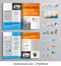 Diseño clásico de plantilla de folleto blanco con formas cuadradas azules y naranjas. Diseño de portada e infografía