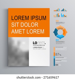 Classic white brochure template design with blue and orange square shapes. Cover layout and infographics