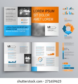 Diseño clásico de plantilla de folleto blanco con formas cuadradas azules y naranjas. Diseño de portada e infografía