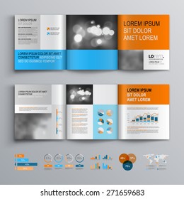 Classic white brochure template design with blue and orange square shapes. Cover layout and infographics
