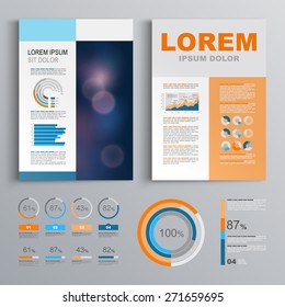 Classic white brochure template design with blue and orange square shapes. Cover layout and infographics