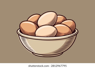 Classic white ceramic bowl filled to the brim with fresh brown chicken eggs in a traditional engraved illustration style.