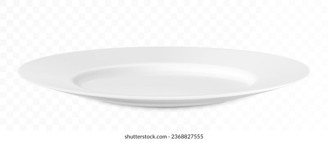 Classic white ceramic or glass plate, isolated on a white background. Side view. White kitchen utensils for eating, Illustration for your projects. Realistic 3D vector illustration