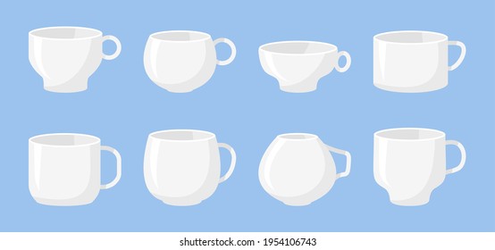 Classic white coffee cups mockup icon set. Different shape empty template mugs for design logo for shop, tea house menu. Flat cartoon style with space for labels. Isolated on white vector illustration