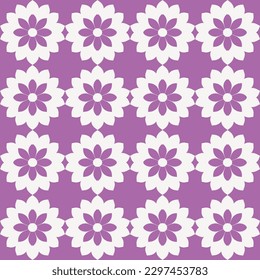 Classic white floral pattern with purple garden flowers and stylized geometric motifs in checkerboard design, perfect for minimalist or contemporary designs.