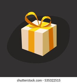 Classic white gift box with a gold ribbon and bow isolated on a black background. Stock vector illustration for New Year, Christmas, Valentine's Day and Birthday card, banner, poster, logo, sticker