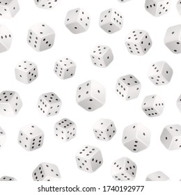 A lot of classic white glossy game dice, casino seamless pattern on white