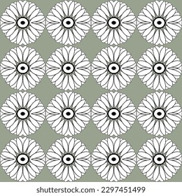Classic white and gray seamless fabric pattern with chrysanthemum motifs in powerfully stylized geometric design, suitable for whimsical and high-end stationery and textile products.