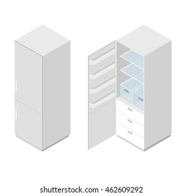 Classic white home fridge. Flat isometric. Refrigerator for freshness of food and drinks. The interior of the kitchen. Electric freezer. Glass shelves. Vector illustration.