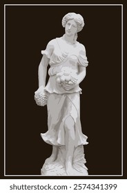 Classic white marble statue of a woman holding grapes, representing abundance and prosperity, isolated on a dark background