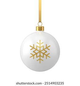 Classic white metallic or glass New Year hanged sphere toy with golden snowflake decorative element 3d realistic vector illustration. Beautiful festive Christmas tree decor design template isolated