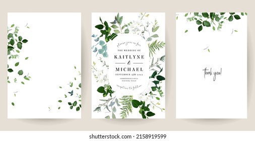 Classic white orchid flowers, eucalyptus, fern, salal, herbs, emerald greenery cards. Minimalist wedding invitations vector set. Floral summer watercolor frames. Elements are isolated and editable