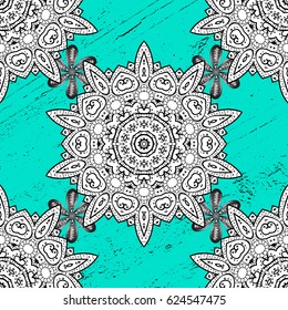 Classic white and white pattern. Vector abstract background with repeating elements. Mandalas pattern on blue background with white elements.