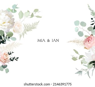 Classic white peony, blush pink rose and magnolia flowers, eucalyptus, dried pampas grass greenery vector design wedding spring frame. Floral summer watercolor card. Elements are isolated and editable