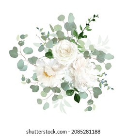 Classic white peony, cream beige rose and ranunculus flowers, eucalyptus, greenery, big vector design wedding spring bouquet. Floral summer watercolor. Elements are isolated and editable