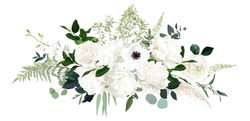 Classic White Peony, Hydrangea, Anemone And Rose Flowers, Eucalyptus, Fern, Salal, Greenery, Big Vector Design Wedding Spring Bouquet. Floral Summer Watercolor. Elements Are Isolated And Editable