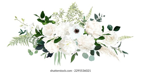 Classic white peony, hydrangea, anemone and rose flowers, eucalyptus, fern, salal, greenery, big vector design wedding spring bouquet. Floral summer watercolor. Elements are isolated and editable