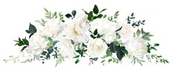 Classic White Peony, Hydrangea, Magnolia And Rose Flowers, Eucalyptus, Fern, Salal, Greenery, Big Vector Design Wedding Spring Bouquet. Floral Summer Watercolor. Elements Are Isolated And Editable