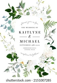 Classic white peony, hydrangea, magnolia and orchid flowers, eucalyptus, fern, salal, greenery vector design wedding round frame. Floral summer watercolor card. Elements are isolated and editable