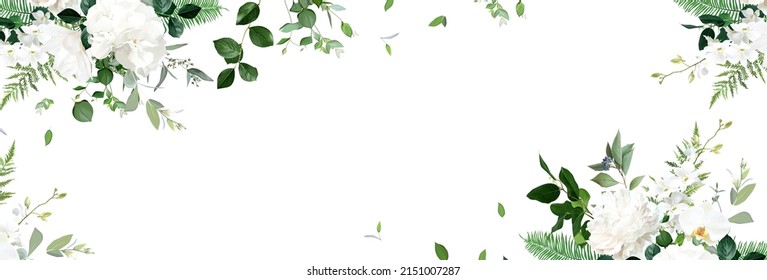 Classic white peony  hydrangea  magnolia   orchid flowers  eucalyptus  fern  salal  greenery  vector horizontal banner  Spring bouque watercolor style card  All elements are isolated   editable