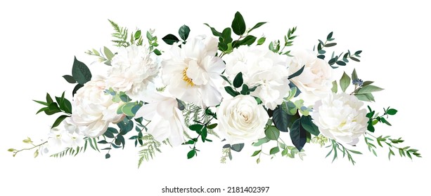 Pionia blanca clásica, hortensias, magnolias y flores rosadas, eucalipto, helecho, salal, vegetación, gran diseño vectorial de boda ramo de primavera. acuarela floral de verano. Los elementos están aislados y se pueden editar