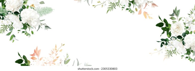 Classic white peony, hydrangea, magnolia and orchid flowers, eucalyptus, fern, rose, greenery, vector horizontal banner. Spring bouque watercolor style card. All elements are isolated and editable