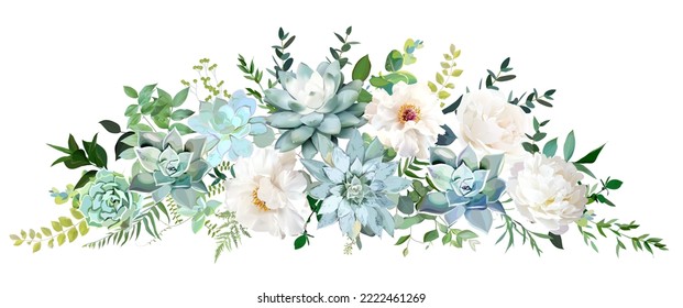 Pionia blanca clásica, rosa marfil, esquisto de everia azul, eucalipto, helecho, hierbas, diseño vectorial de verdor diseño de bodas de primavera. Marisma acuarela de verano floral. Los elementos están aislados y se pueden editar