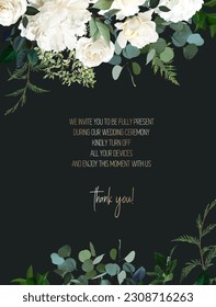 Classic white peony, ivory rose flowers, cedar branch, eucalyptus, fern, salal, greenery vector design. Masterpiece style. Floral summer watercolor wedding card. Elements are isolated and editable