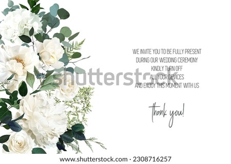 Classic white peony, ivory rose flowers, cedar branch, eucalyptus, fern, salal, greenery vector design. Masterpiece style. Floral summer watercolor wedding card. Elements are isolated and editable