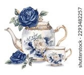 Classic white porcelain tea set with tea pot and tea cup in watercolor with navy blue rose