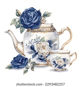 Classic white porcelain tea set with tea pot and tea cup in watercolor with navy blue rose