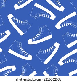 Classic white sneakers in flat style hand drawn vector illustration. Trendy sport shoes seamless pattern for kids fabric or wallpaper.