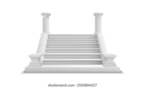 Classic White Stairs with Columns. Realistic antique ionic column marble arch with staircase Vector illustration