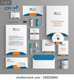 Classic white stationery template design with blue and orange round shape. Documentation for business.