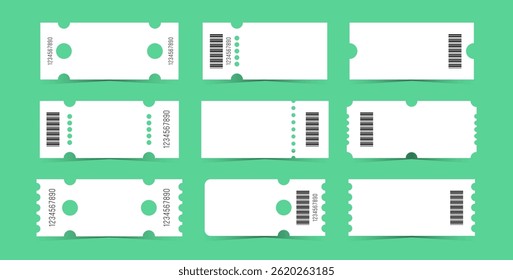 Classic white ticket template set. Empty coupon blank with barcode. Vector illustration collection