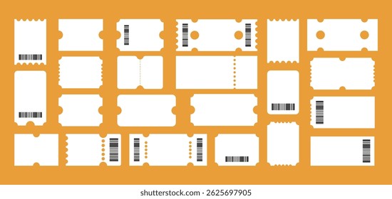 Classic white ticket template set with barcode. Vector illustration collection isolated on background