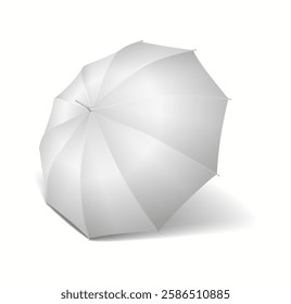 Classic white umbrella dome casting subtle shadow realistic vector illustration. Rainy weather accessory 3d object on white background