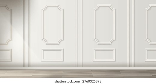 Classic white wall panels with elegant wooden frames. Vector realistic illustration of luxury Victorian style interior design, natural wood floor, home decor, sophisticated palace room background
