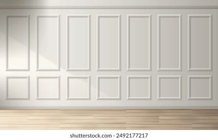 Classic white wall with wooden frames. Vector realistic illustration elegant room design with natural oak wood floor, vintage interior panels with molding decoration and baseboard, seamless background