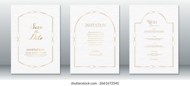 Conjunto clásico de invitación de boda blanca con elegantes bordes de línea dorada y textura de papel ligero. Guardar Incluye las Plantillas de fecha, invitación y menú.