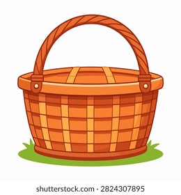 A classic wicker picnic basket with handle, placed on green grass, ready for outdoor dining or a day out in nature.