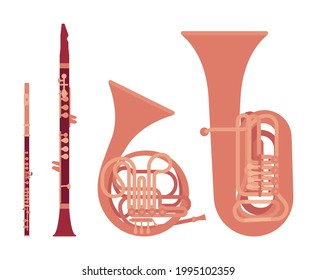 Classic wind musical instrument, brass woodwind set. French horn, tuba, clarinet, flute for band, orchestra, festival, jazz party. Vector flat style cartoon illustration isolated, white background